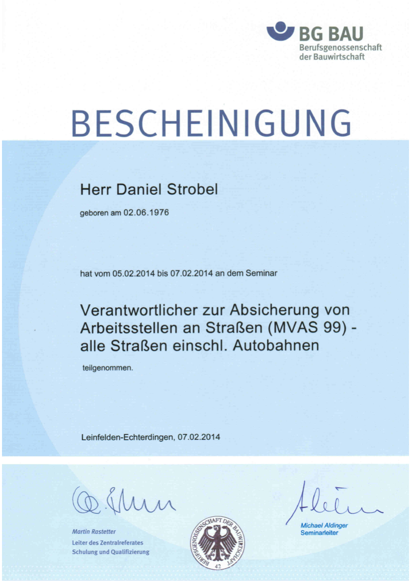 Bescheinigung Absicherung von Arbeitsstellen an Straßen