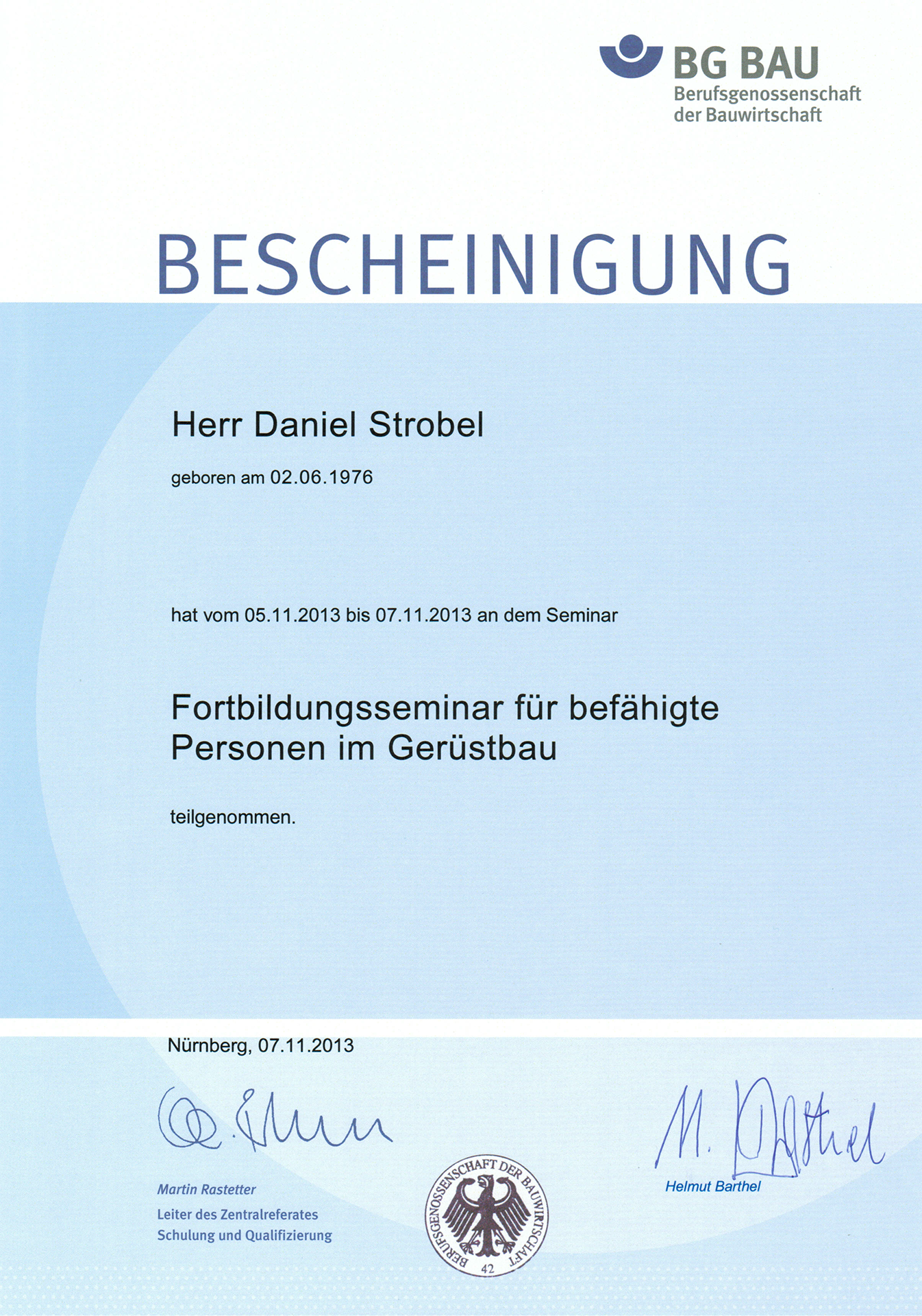 Fortbildungsseminar für befähigte Personen im Gerüstbau