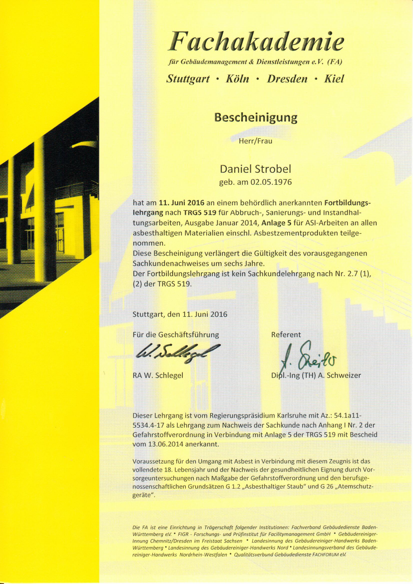 Fortbildungsseminar Sachkundiger Asbest gemäß TRGS 519