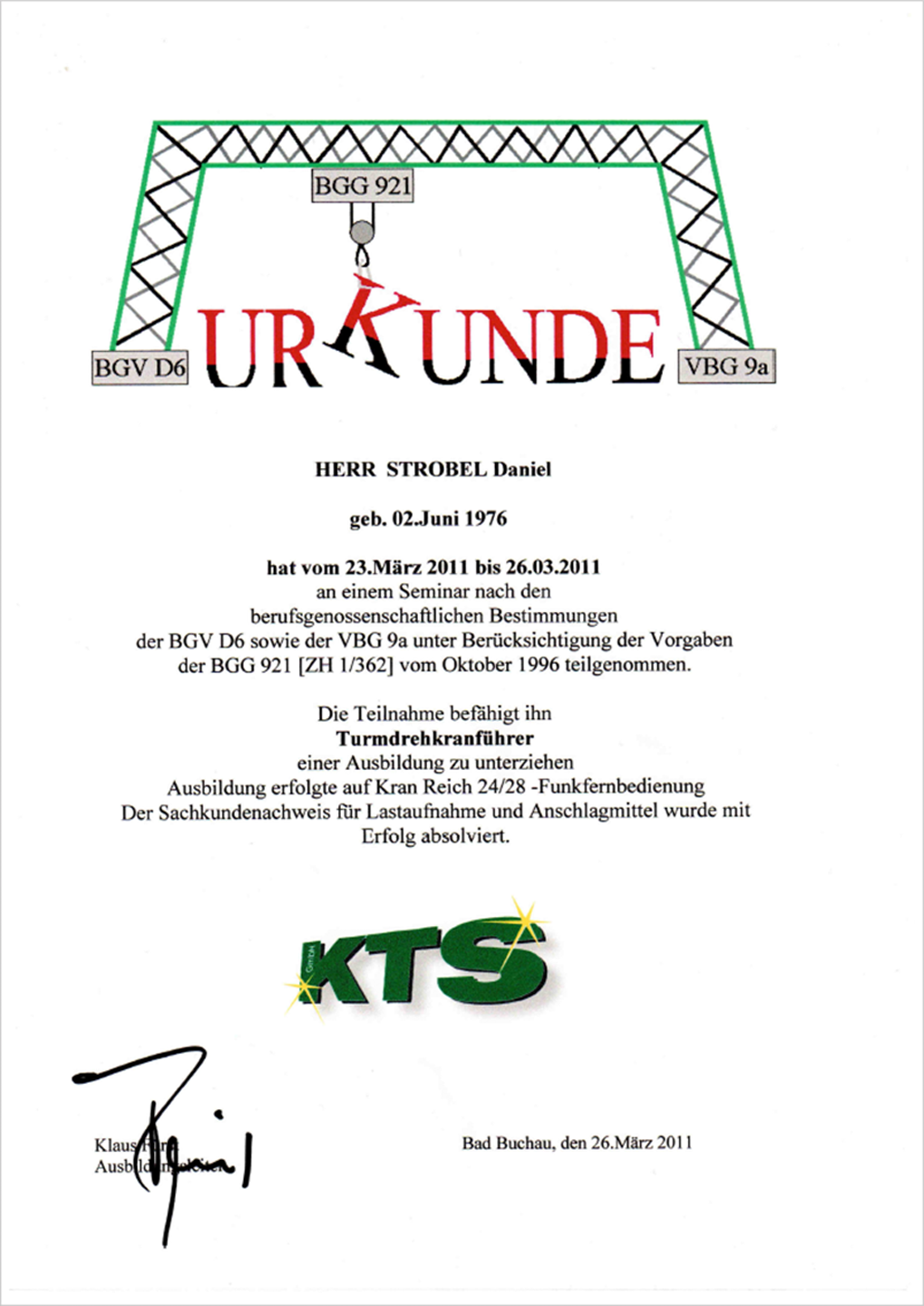 Ausbilder für Turmdrehkrane