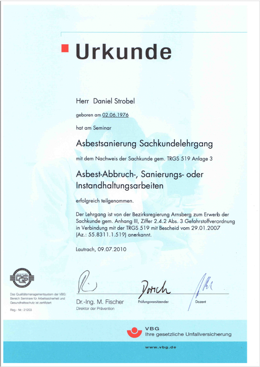 Sachkundiger Asbest gemäß TRGS 519