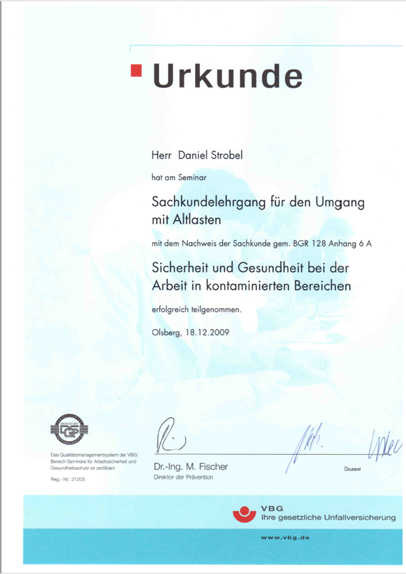 Sachkundiger für den Umgang mit Altlasten gem. BGR 128