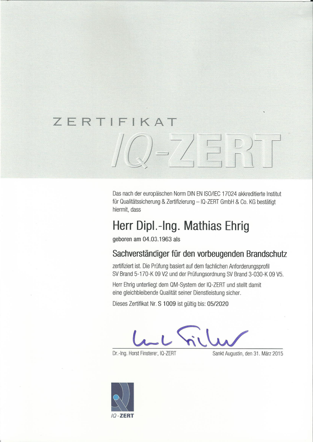 Zertifikat Brandschutzsachverständiger, Herr Ehrig