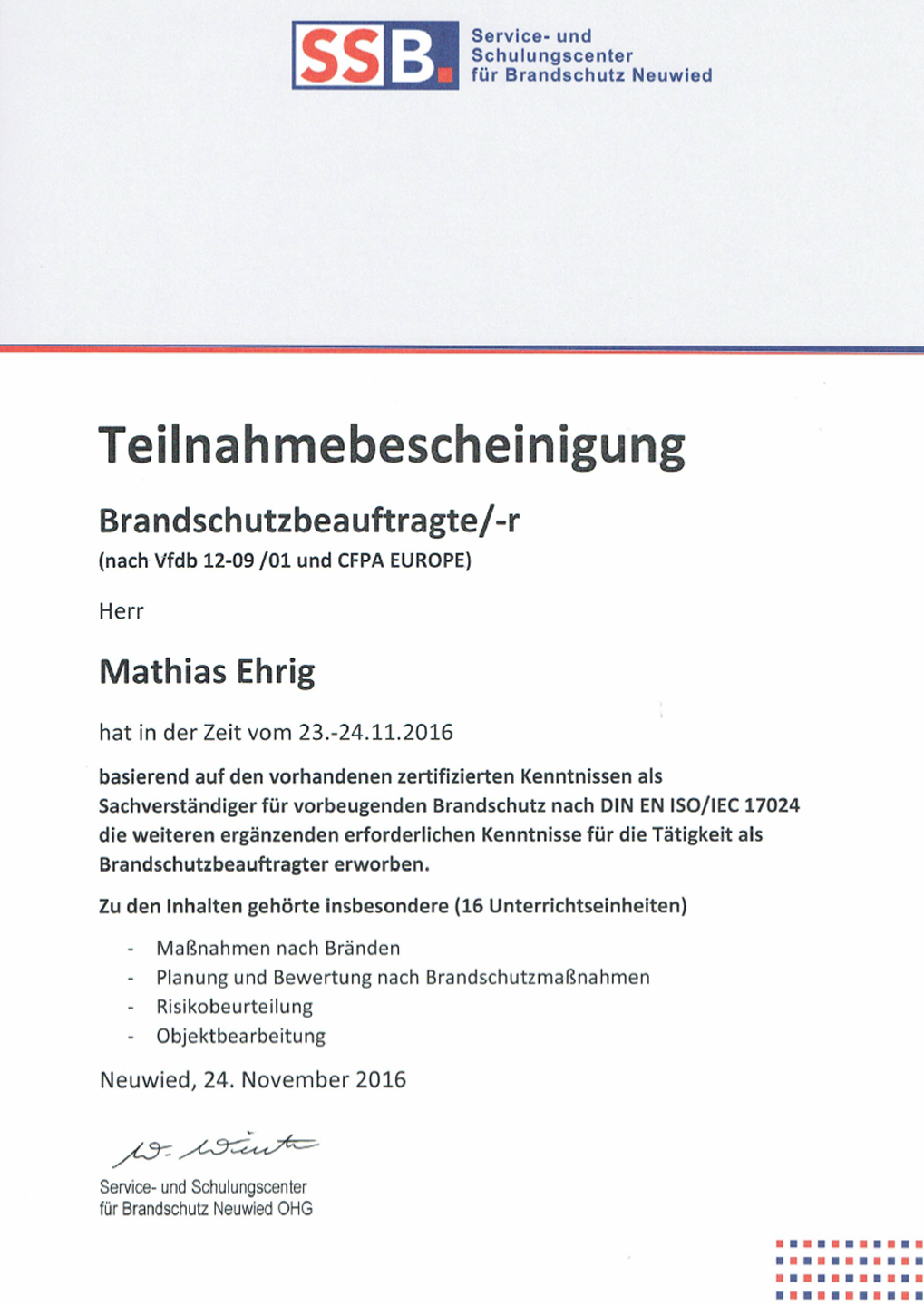 Zertifikat Brandschutz­beauftragter Herr Ehrig