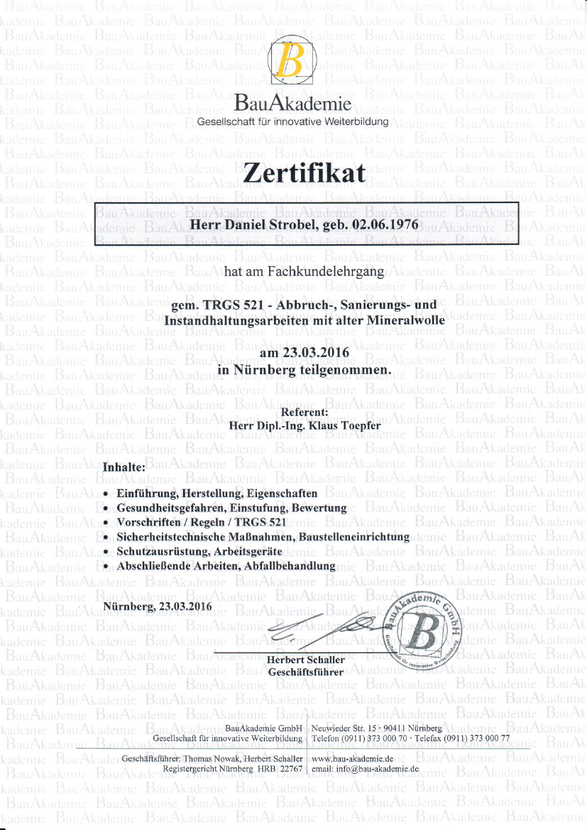 Fachkunde Alte Mineralwolle [KMF] gemäß TRGS 521