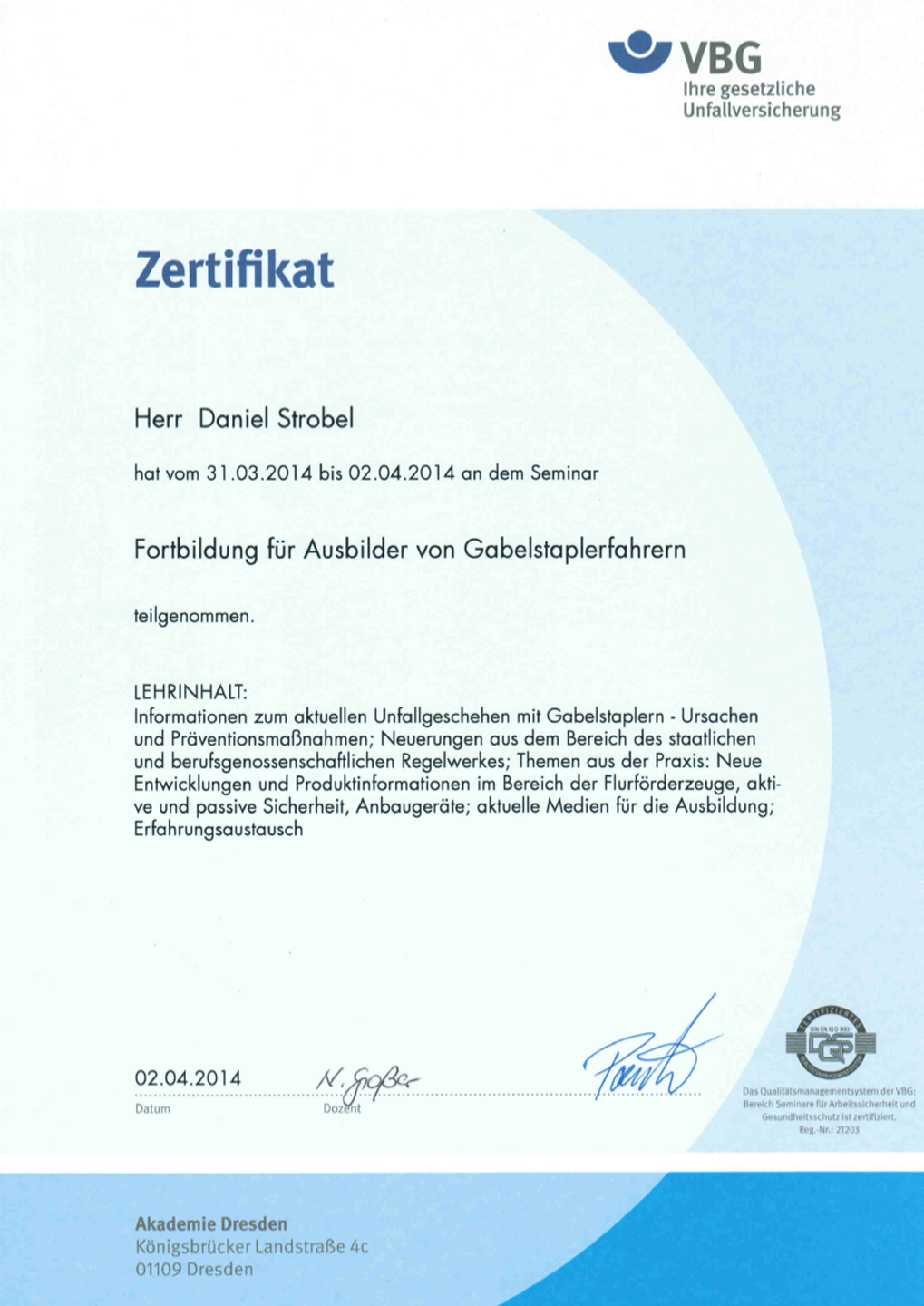 Fortbildung für Staplerausbilder