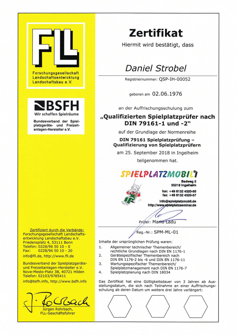 Qualifizierter Spielplatzprüfer nach DIN SPEC 79161