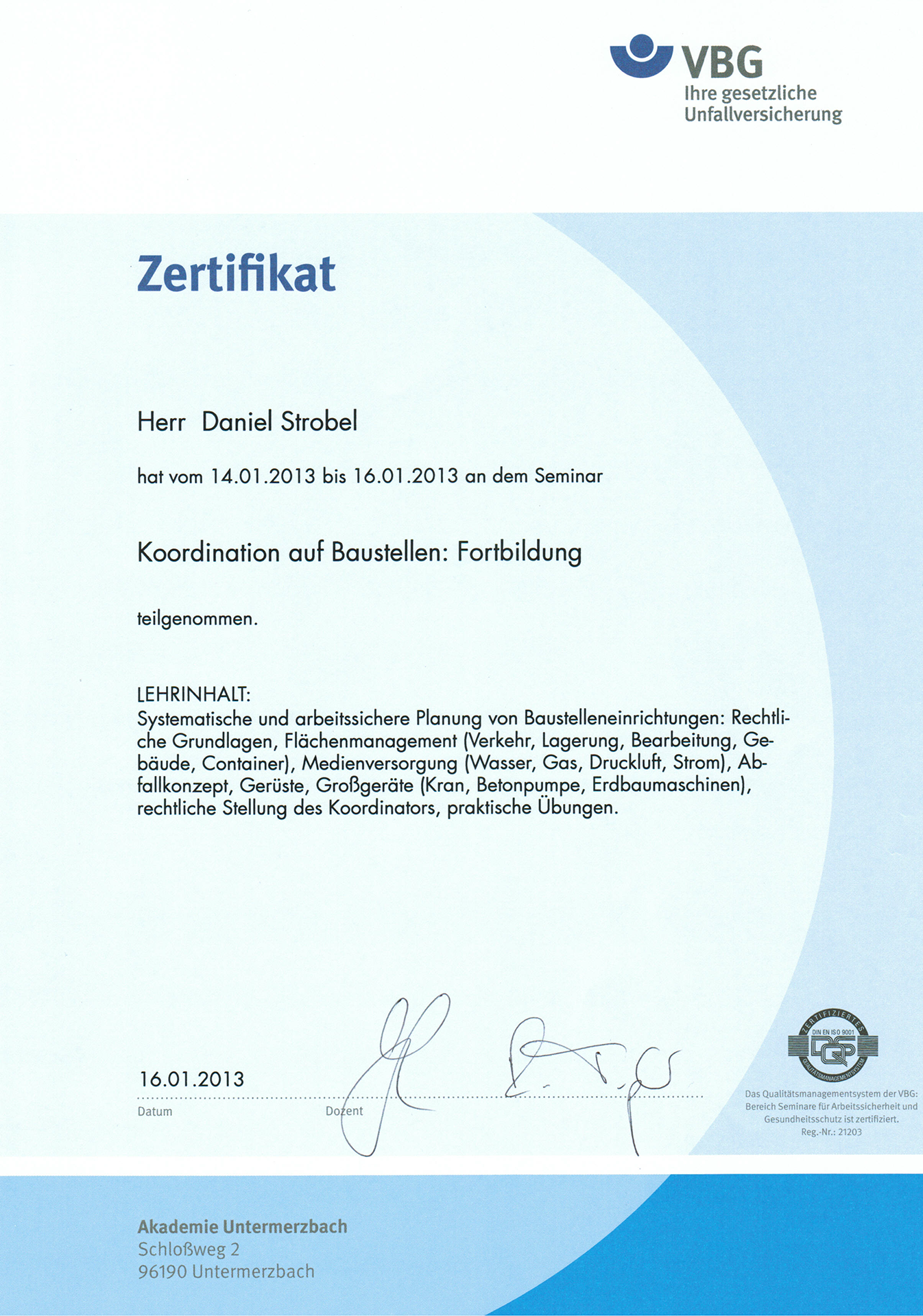 Koordinator nach BaustellV Fortbildung