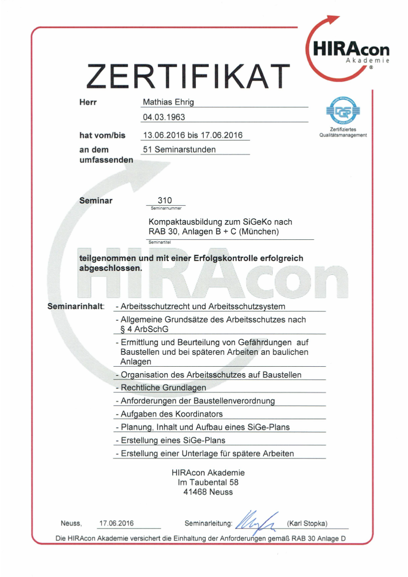 Zertifikat Koordinator nach BaustellV, Herr Ehrig