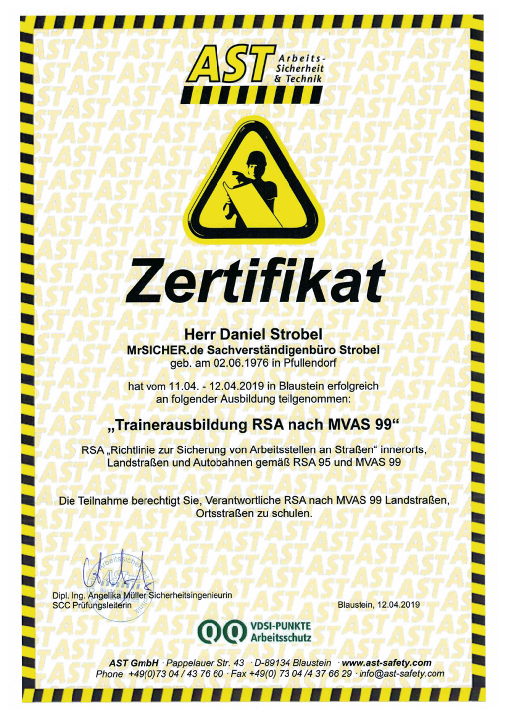 Ausbilder „Sicherung von Arbeitsstellen“ nach RSA und MVAS 99