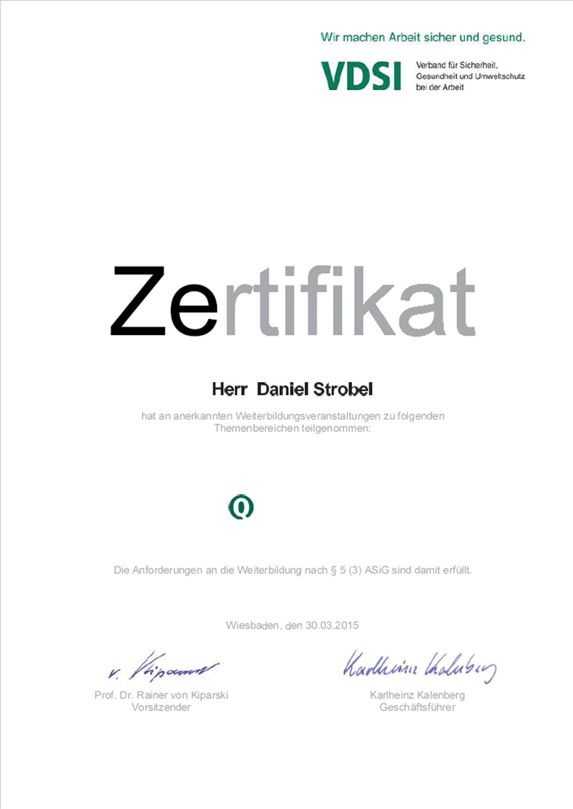 Zertifikat VDSI Weiterbildungen bis 2016