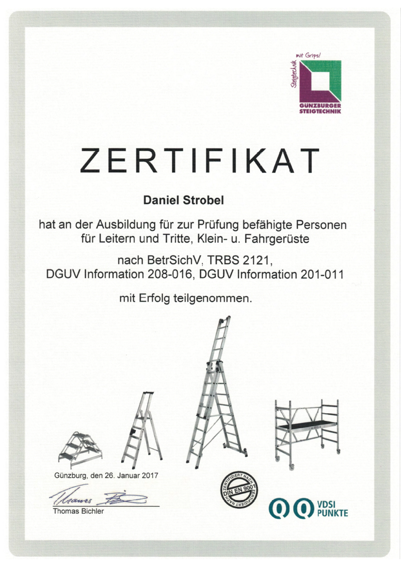 Zertifikat zur Prüfung befähigte Person für Leitern und Tritte, Klein- und Fahrgerüste
