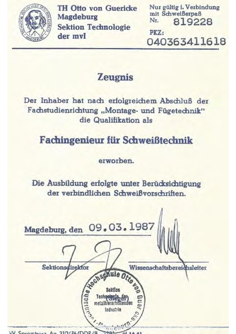 Zeugnis Fachingenieur für Schweißtechnik, Herr Ehrig